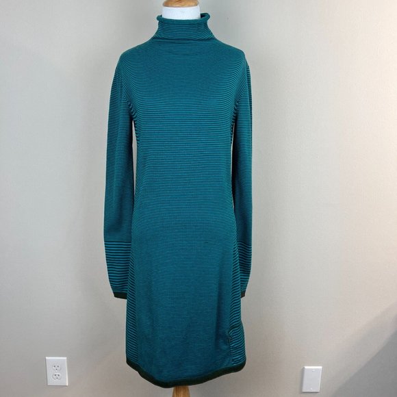Title Nine Sweater Dress Small Teal Synergy Striped Mockneck Long Sleeve Stretch - Picture 1 of 12